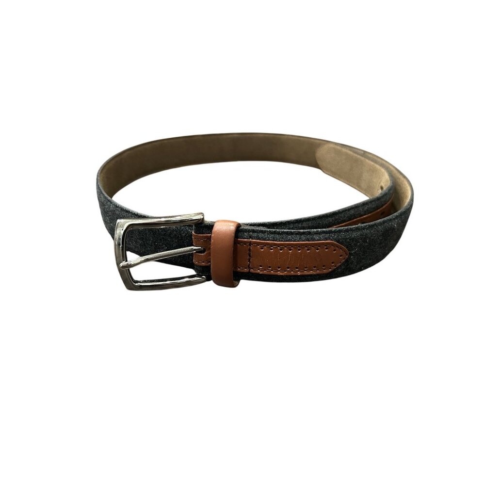 Mens Gray Brown Leather Felt Belt Silver Buckle Size M Preppy Classic